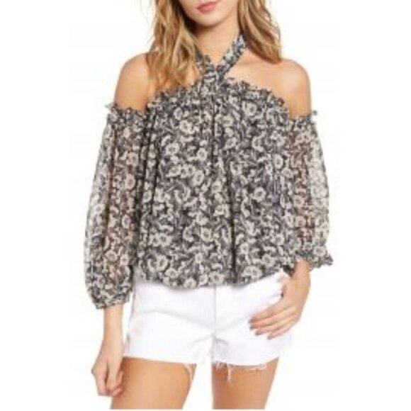 💕MISA LOS ANGELES💕 Lively Halter Off The Shoulder Long Sleeve Blouse ~ Floral - Picture 5 of 10